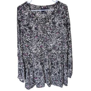 Torrid Baby Doll Shirt Womens 1X Floral Tie Neck Smocked Long Sleeve Cottagecore